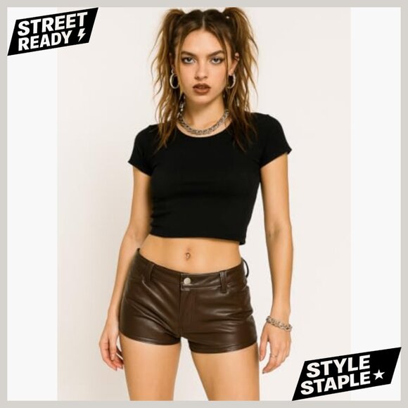 Faux Leather Micro Shorts Low Rise Mini Rave Festival Club Outfit - Picture 3 of 7